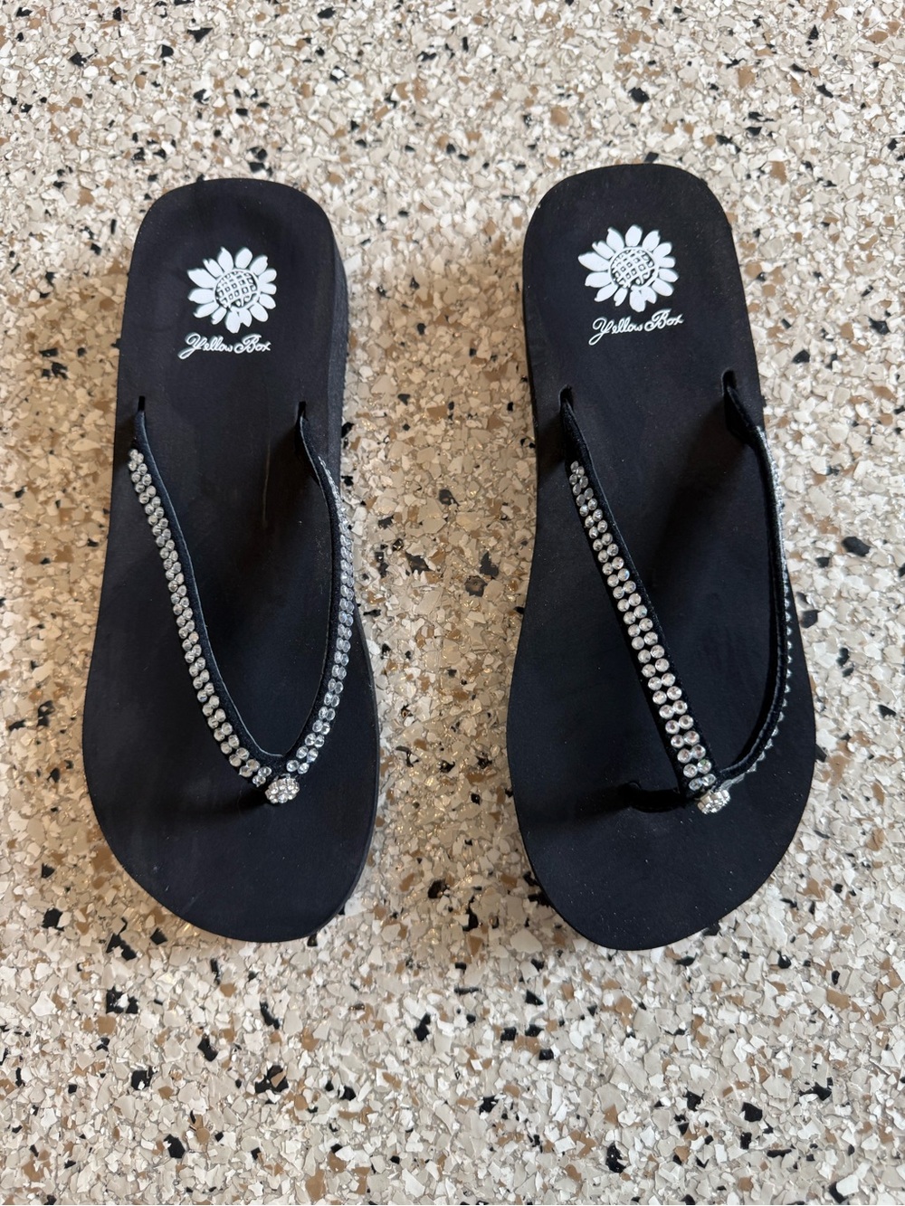 Yellow Box Black Flip Flops with Clear Rhinestone Straps